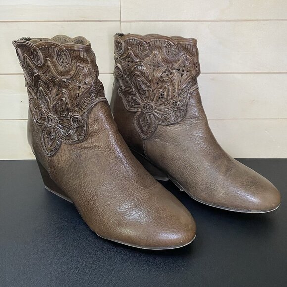 Sesto Meucci Tacca Booties Women's Size 8 Shoes M Brown Leather Zip Boots Floral - Picture 12 of 12